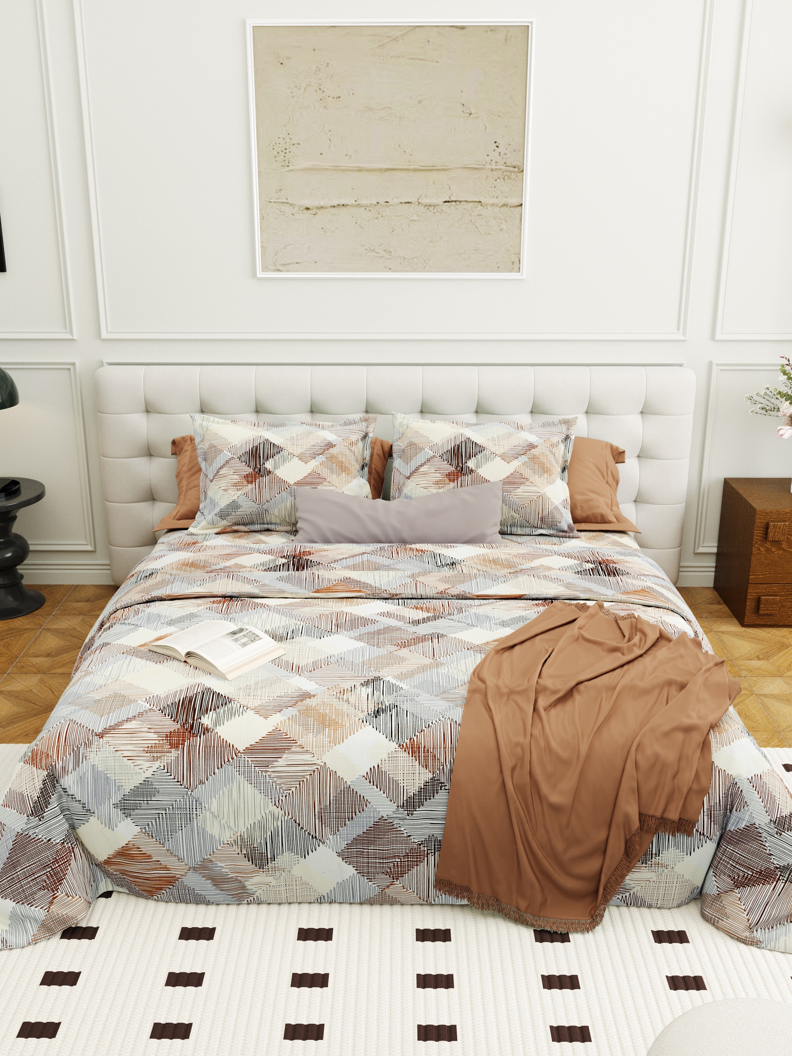 Checkmate Cotton Double Bedsheet with 2 Pillow Covers Soft, Breathable & Premium Printed Design Color Brown Size (90×100)