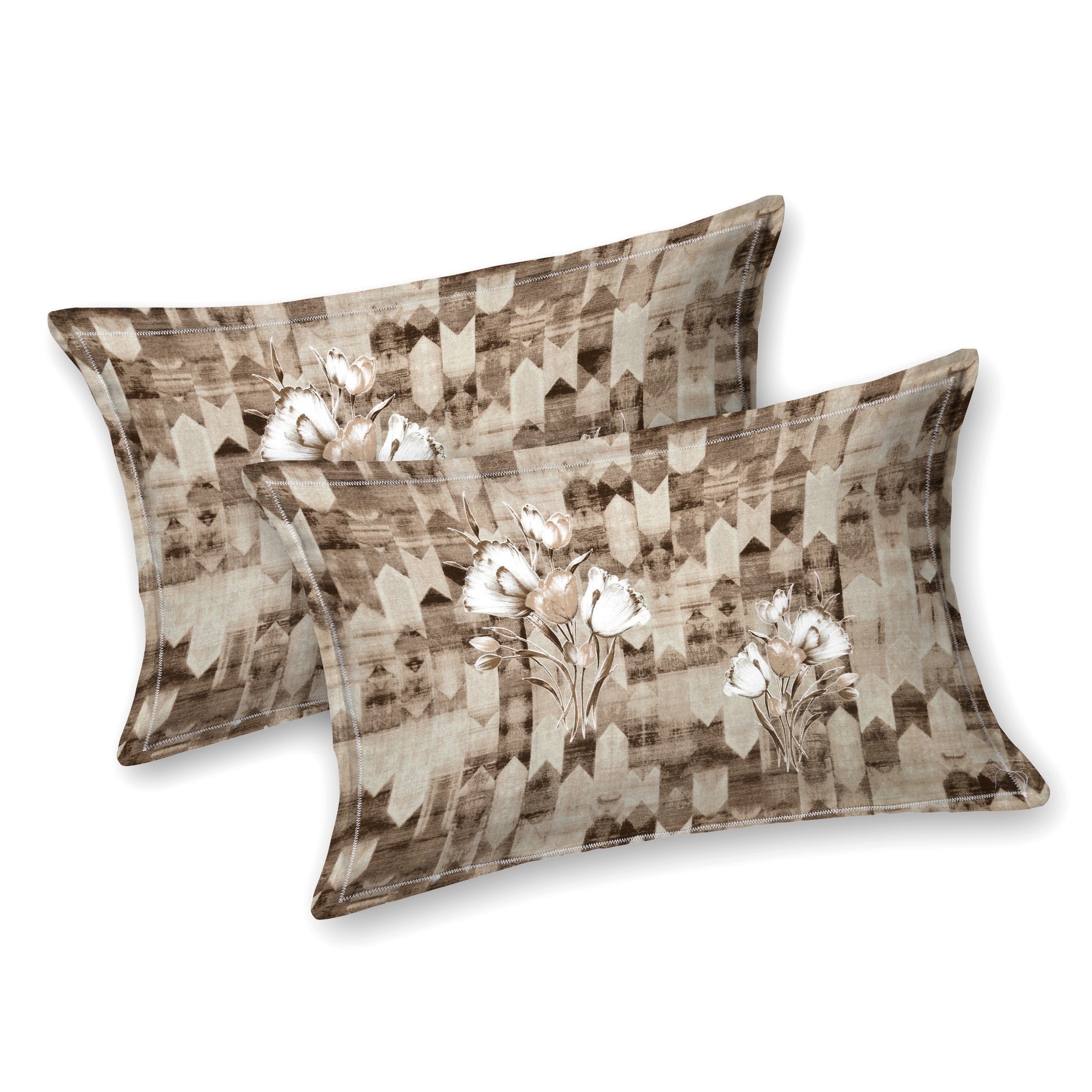 Elegant Brown Floral Striped King Size Bedsheet with 2 Pillow Covers Cotton Size (108×108)